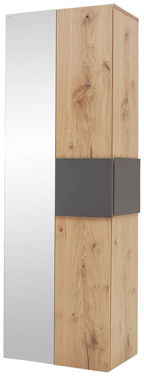 Garderobenschrank aus Holz mit Spiegel und dunklem Akzent, seitliche Perspektive