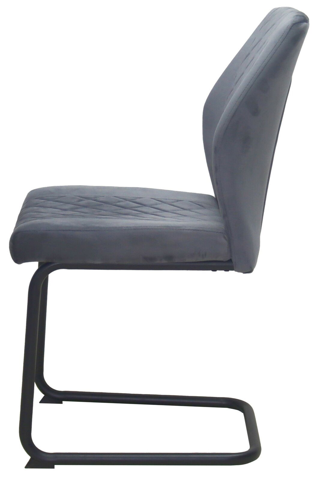 Seitenansicht eines grauen Schwingstuhls mit schwarzem Metallgestell und gepolsterter Sitzfläche.