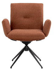 Bruine fauteuil met vier zwarte metalen poten, vooraanzicht
