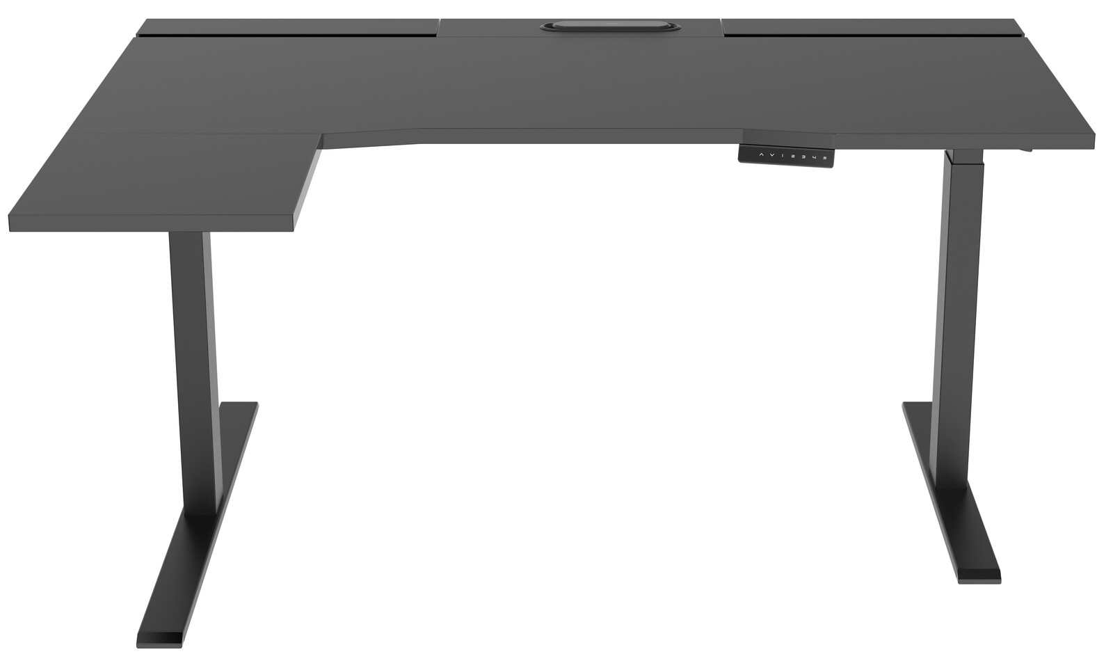Schwarzer E-Schreibtisch mit L-Form, von vorne betrachtet, mit höhenverstellbaren Beinen und Kabeldurchführung.