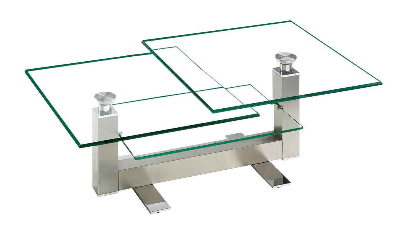 Moderner Couchtisch mit zwei versetzten Glasplatten und Metallgestell, seitliche Perspektive