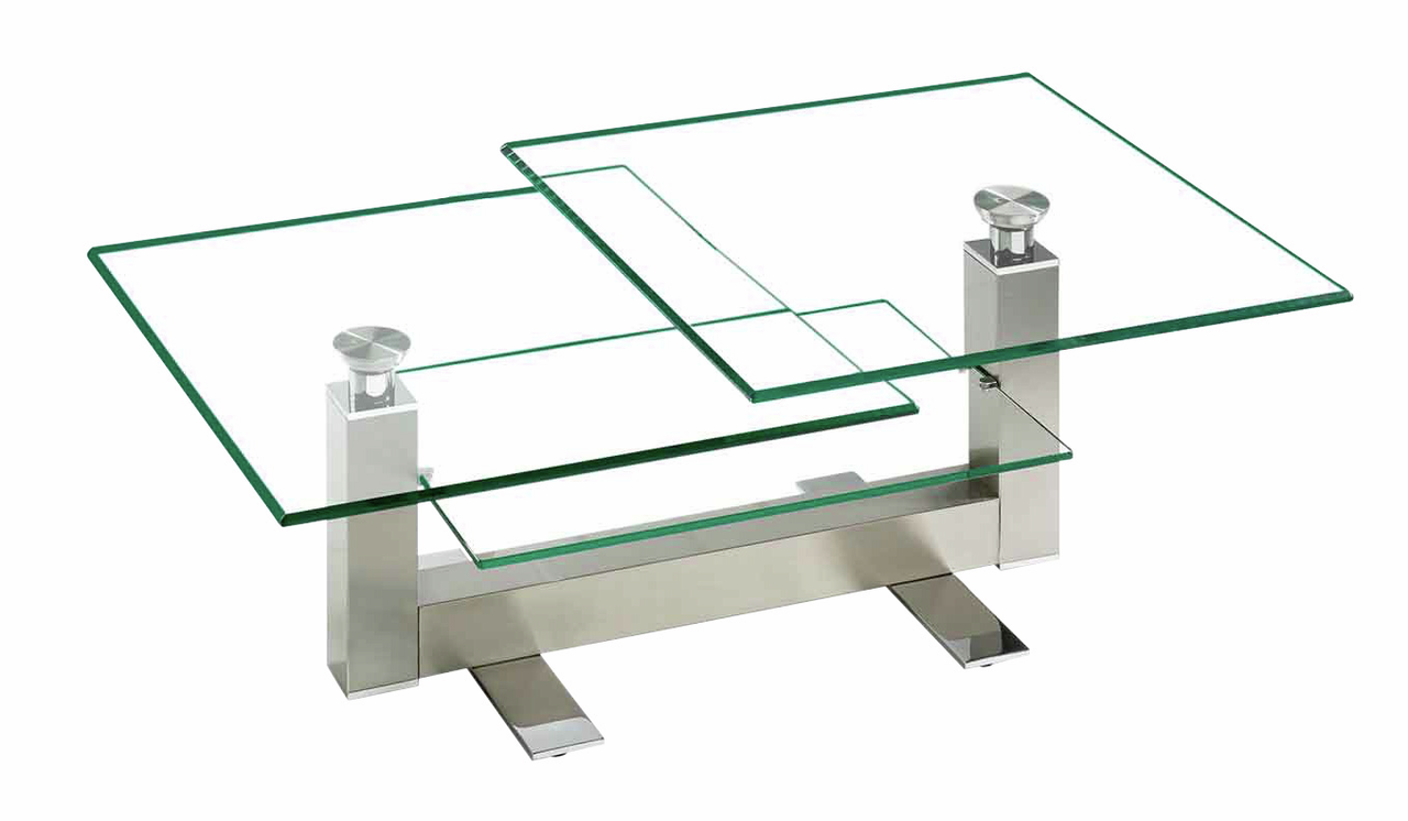 Moderner Couchtisch mit zwei versetzten Glasplatten und Metallgestell, seitliche Perspektive