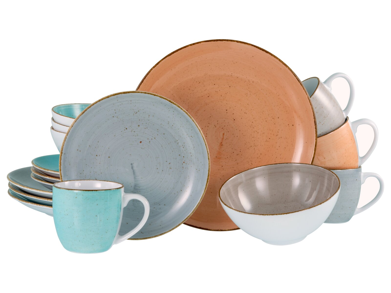 Creatable Kombiservice 16-tlg VINTAGE NATURE Keramik-Geschirrset in Pastellfarben mit Tellern, Schalen und Tassen, frontale Ansicht leicht von oben, freigestellt auf weißem Hintergrund