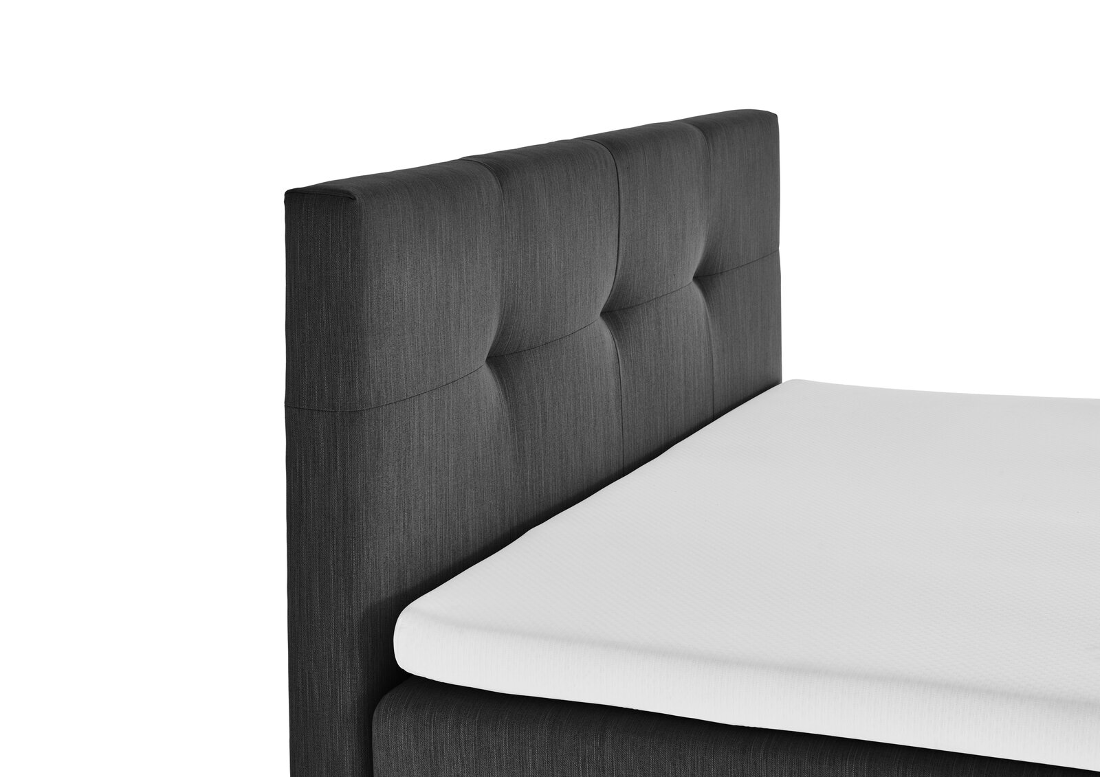 Seitliche Ansicht eines Boxspringbetts mit dunkelgrauem, gestepptem Kopfteil und weißer Matratze.