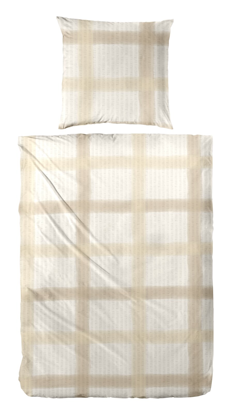Primera Soft-Seersucker Bettwäsche 135/200cm Beige-weiß kariertes Bettwäsche-Set mit Kissenbezug und Bettbezug, Draufsicht von oben auf weißem Hintergrund