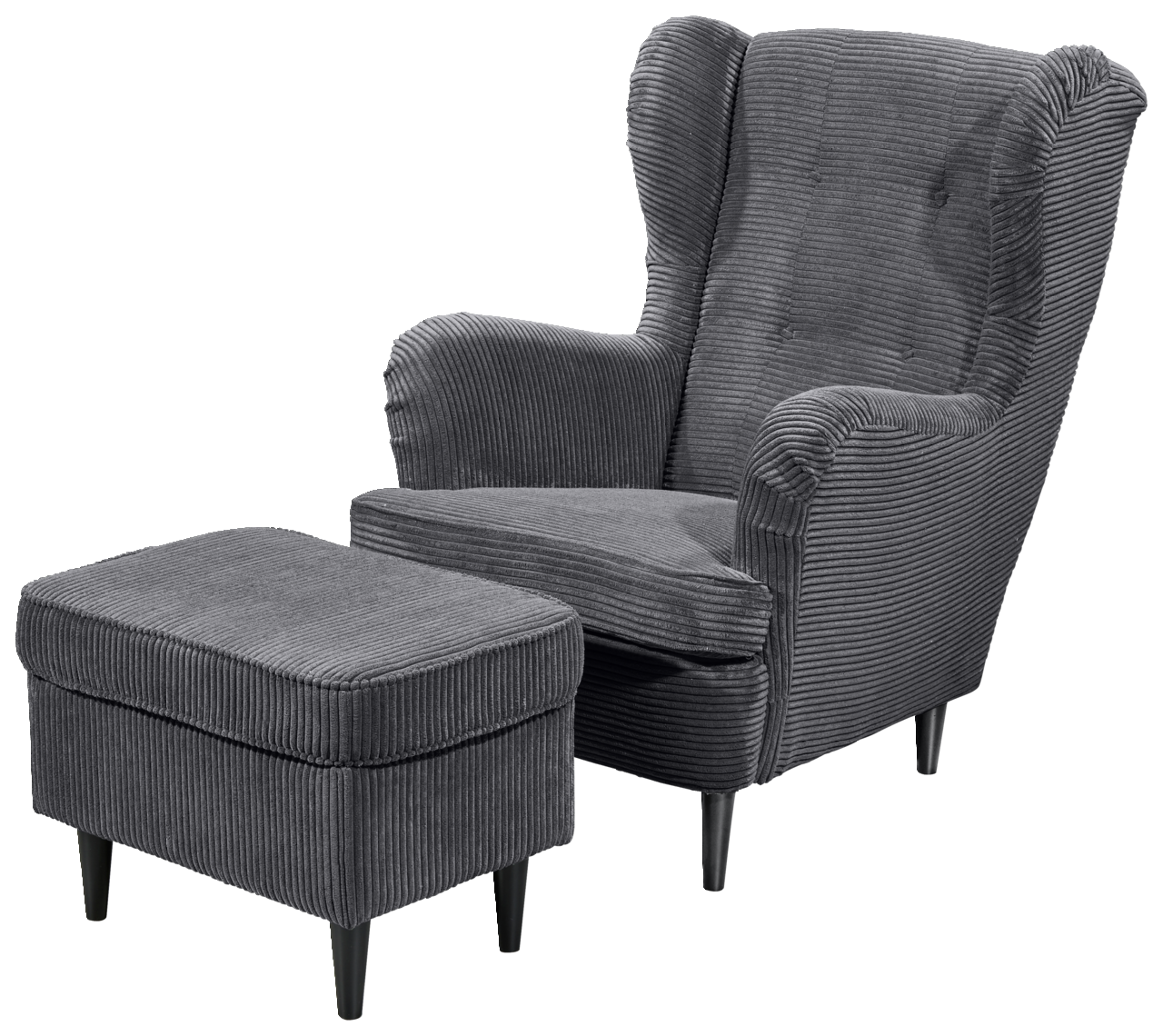 Grauer Ohrensessel mit passendem Hocker, Vorderansicht