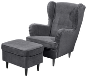 Grauer Ohrensessel mit passendem Hocker, Vorderansicht