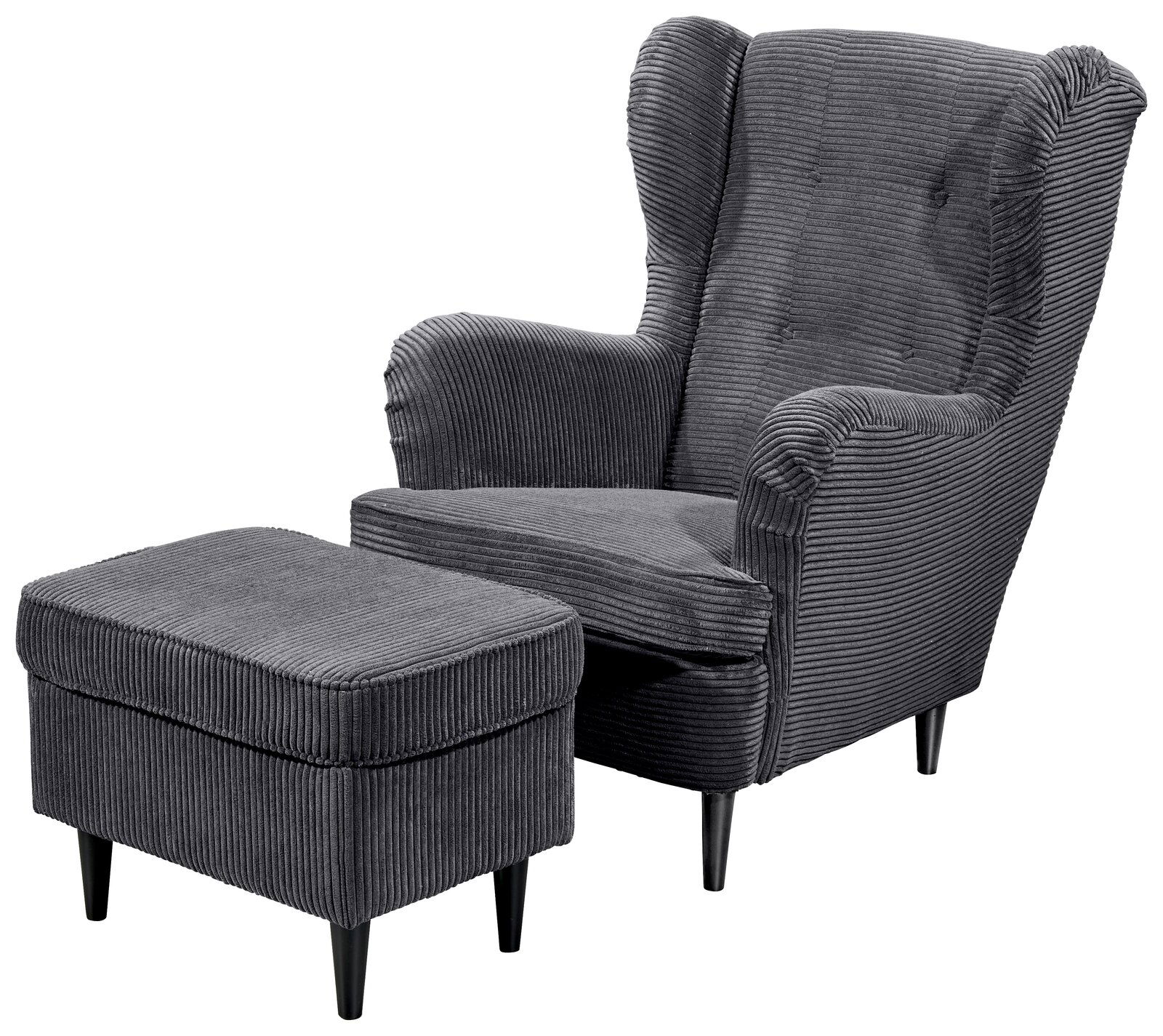 Grauer Ohrensessel mit passendem Hocker, Vorderansicht