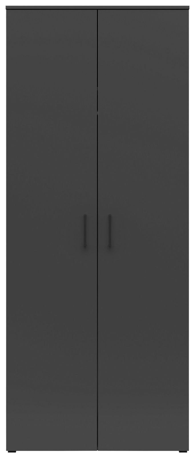 Frontansicht eines modernen, schwarzen Mehrzweck-Kleiderschranks mit zwei Türen und minimalistischen Griffen.