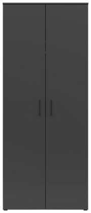 Frontansicht eines modernen, schwarzen Mehrzweck-Kleiderschranks mit zwei Türen und minimalistischen Griffen.