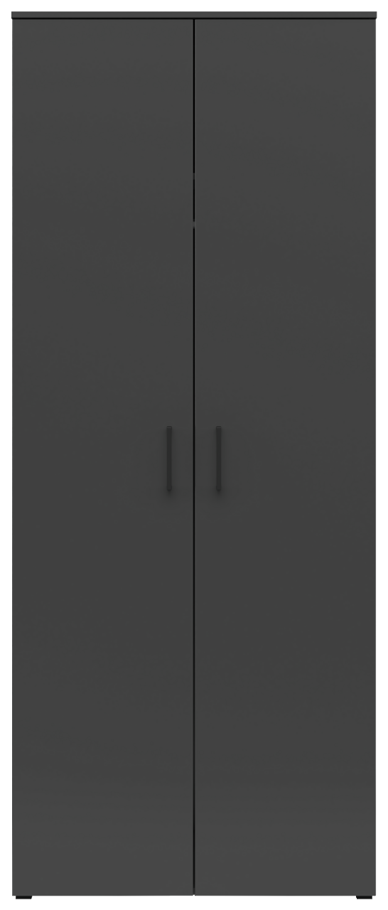 Frontansicht eines modernen, schwarzen Mehrzweck-Kleiderschranks mit zwei Türen und minimalistischen Griffen.