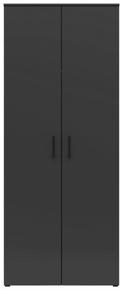 Frontansicht eines modernen, schwarzen Mehrzweck-Kleiderschranks mit zwei Türen und minimalistischen Griffen.