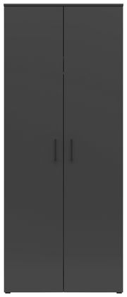 Frontansicht eines modernen, schwarzen Mehrzweck-Kleiderschranks mit zwei Türen und minimalistischen Griffen.