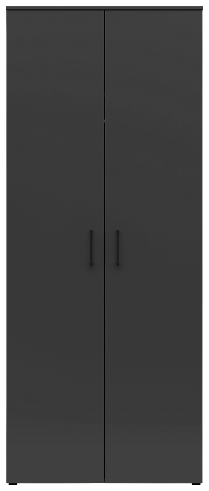 Vooraanzicht van een moderne, zwarte multifunctionele kledingkast met twee deuren en minimalistische handgrepen.