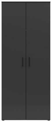 Vooraanzicht van een moderne, zwarte multifunctionele kledingkast met twee deuren en minimalistische handgrepen.
