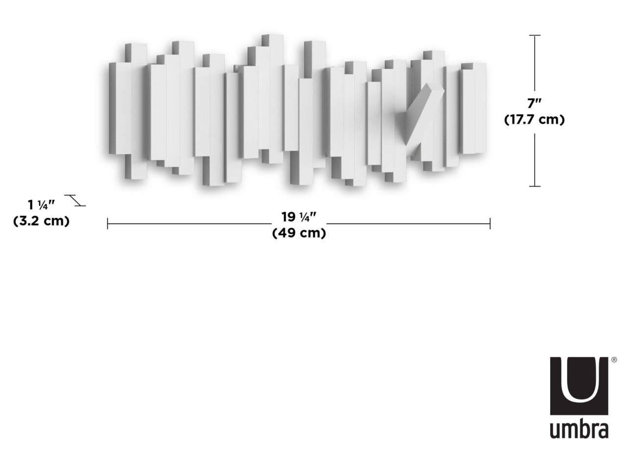 Moderne Wandgarderobe mit geometrischem Design, seitliche Perspektive, Maße: 49 cm x 17,7 cm x 3,2 cm