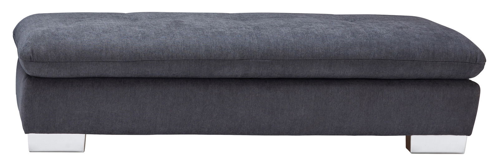 Grauer Hocker mit gepolsterter Sitzfläche und silbernen Füßen, seitliche Perspektive