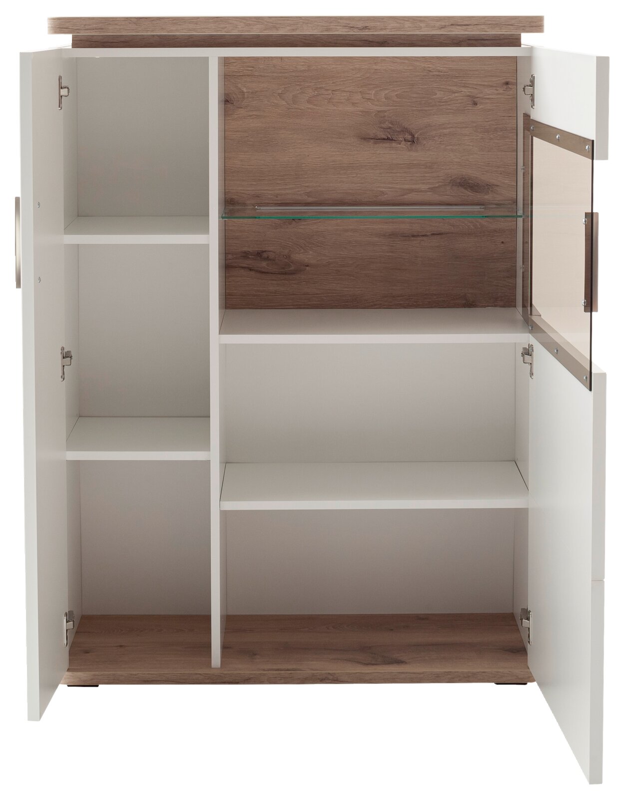Geöffneter weißer Hochschrank mit Holzoptik-Deckplatte und -Rückwand, Glasboden und mehreren Fächern, Frontansicht von vorne