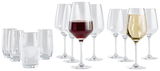 Ein 12-teiliges Glasset Tulip, bestehend aus verschiedenen Weingläsern und Wassergläsern, frontal abgebildet.