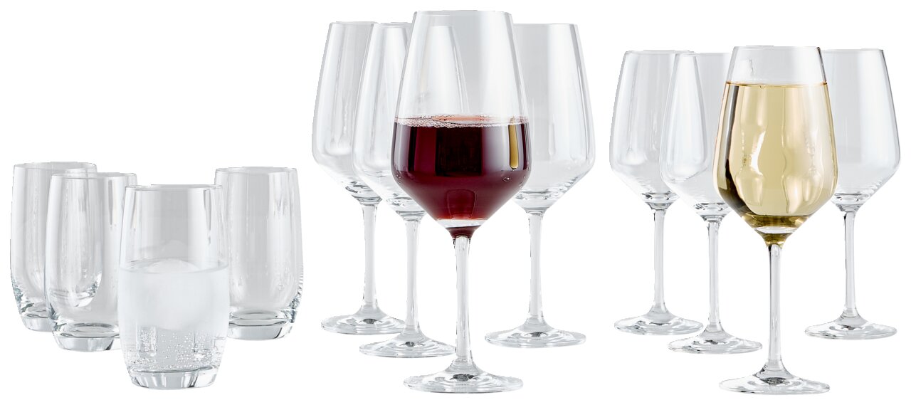 SCHOTT ZWIESEL Glasset 12-tlg. TULIP Ein 12-teiliges Glasset Tulip, bestehend aus verschiedenen Weingläsern und Wassergläsern, frontal abgebildet.
