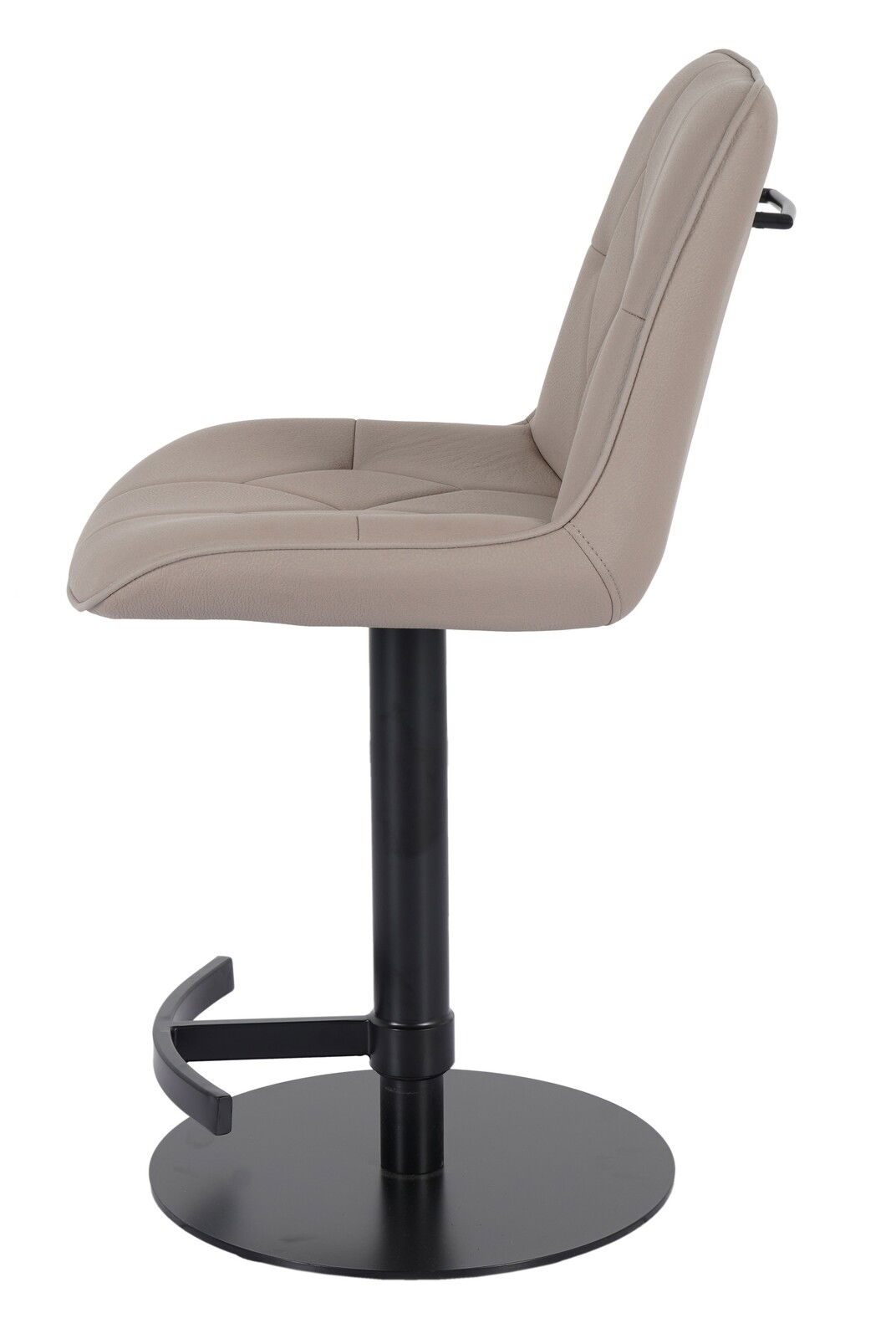 Seitenansicht eines modernen Barhockers mit beigem Sitz und schwarzem Metallfuß.