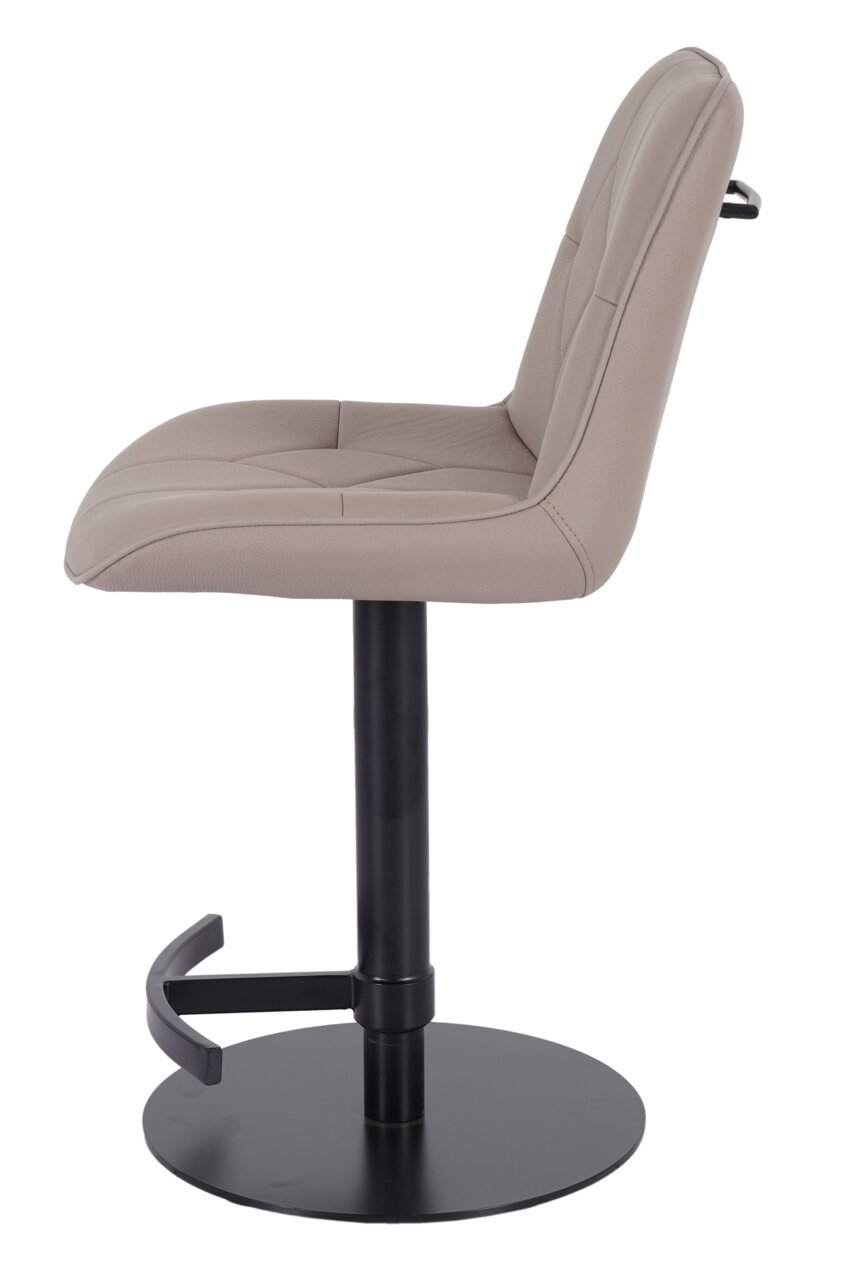 Seitenansicht eines modernen Barhockers mit beigem Sitz und schwarzem Metallfuß.