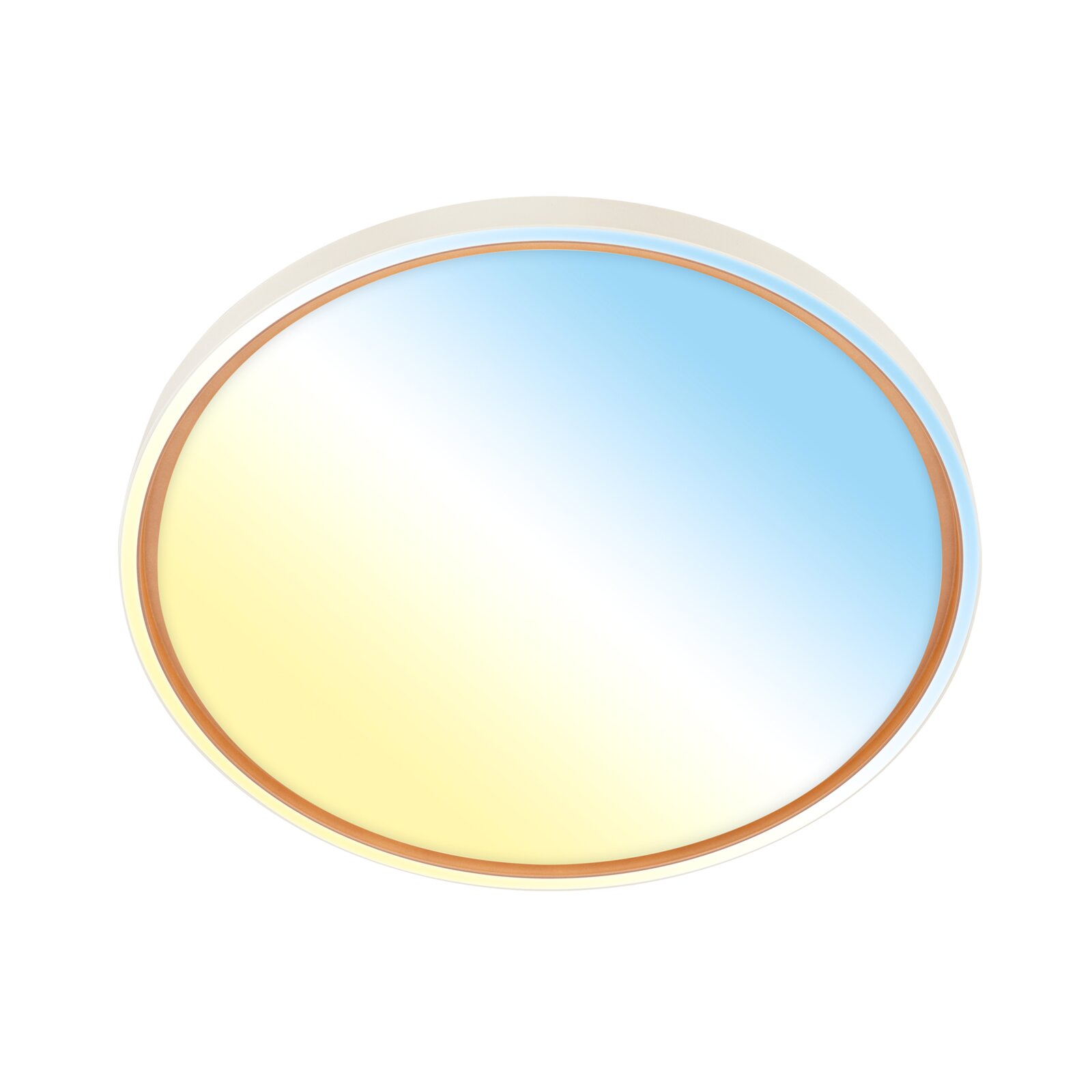 Close-up in vooraanzicht van een ronde LED-plafondlamp met houtkleurige sierrand en sfeervol warm- tot koelwit licht.