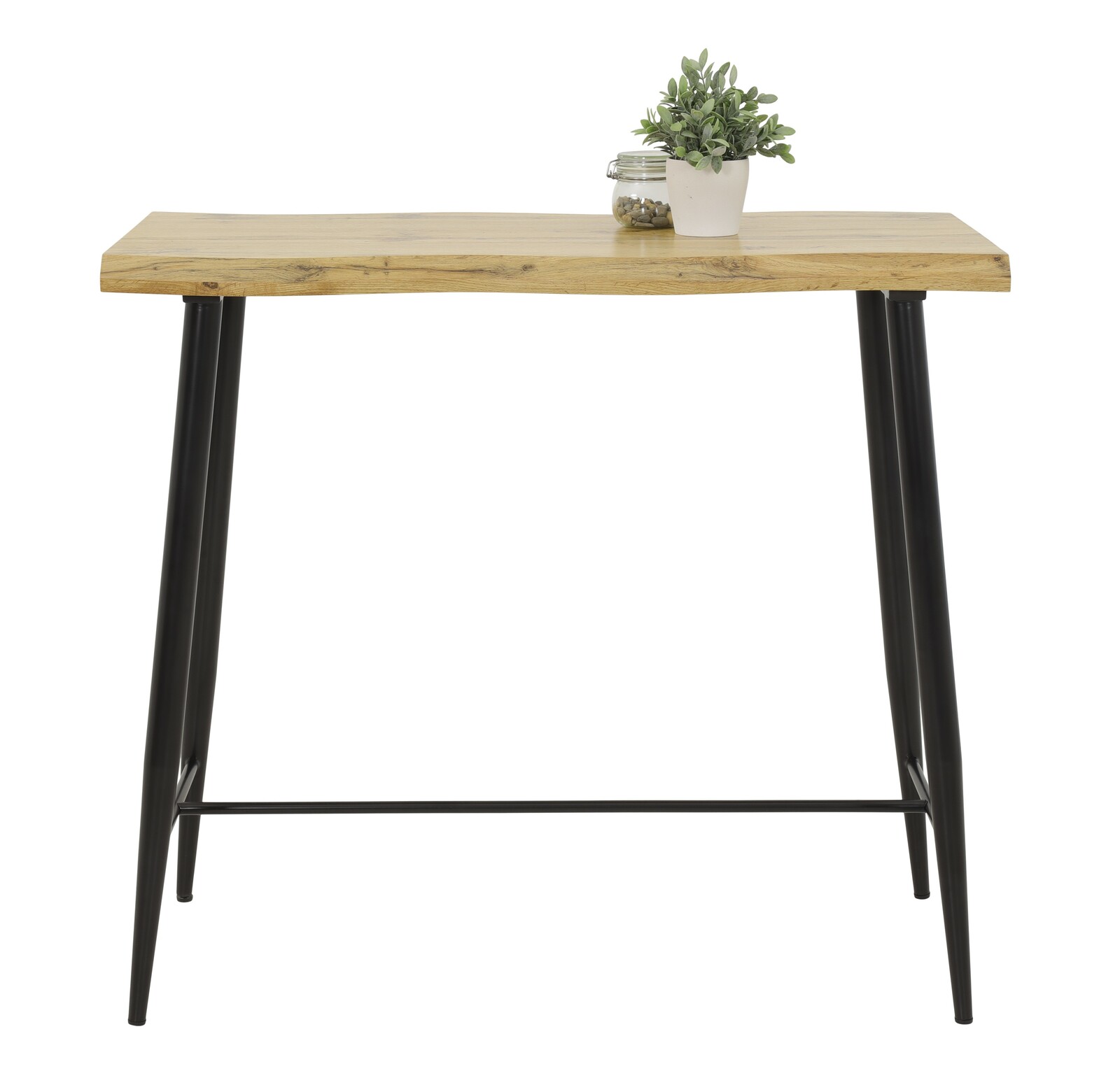 Moderner Bartisch mit Holzplatte und schwarzen Metallbeinen, frontal betrachtet. Dekoriert mit einer kleinen Pflanze und einem Glasgefäß.