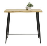 Moderner Bartisch mit Holzplatte und schwarzen Metallbeinen, frontal betrachtet. Dekoriert mit einer kleinen Pflanze und einem Glasgefäß.