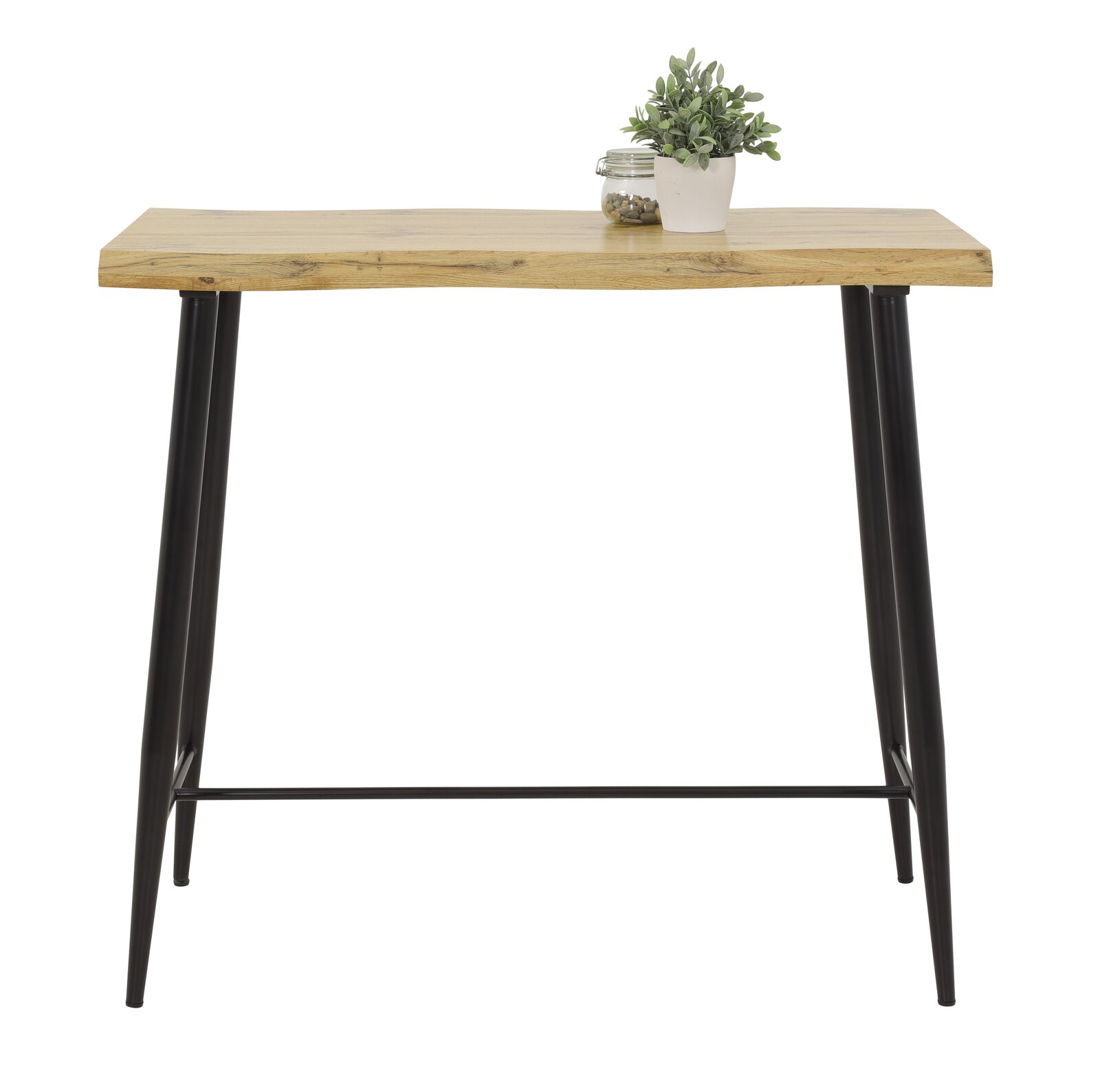 Moderner Bartisch mit Holzplatte und schwarzen Metallbeinen, frontal betrachtet. Dekoriert mit einer kleinen Pflanze und einem Glasgefäß.