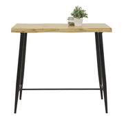 Moderner Bartisch mit Holzplatte und schwarzen Metallbeinen, frontal betrachtet. Dekoriert mit einer kleinen Pflanze und einem Glasgefäß.