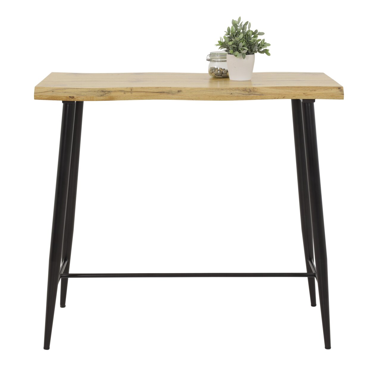 Moderne bartafel met houten blad en zwarte metalen poten, gezien vanaf de voorkant. Versierd met een plantje en een glazen vaas.