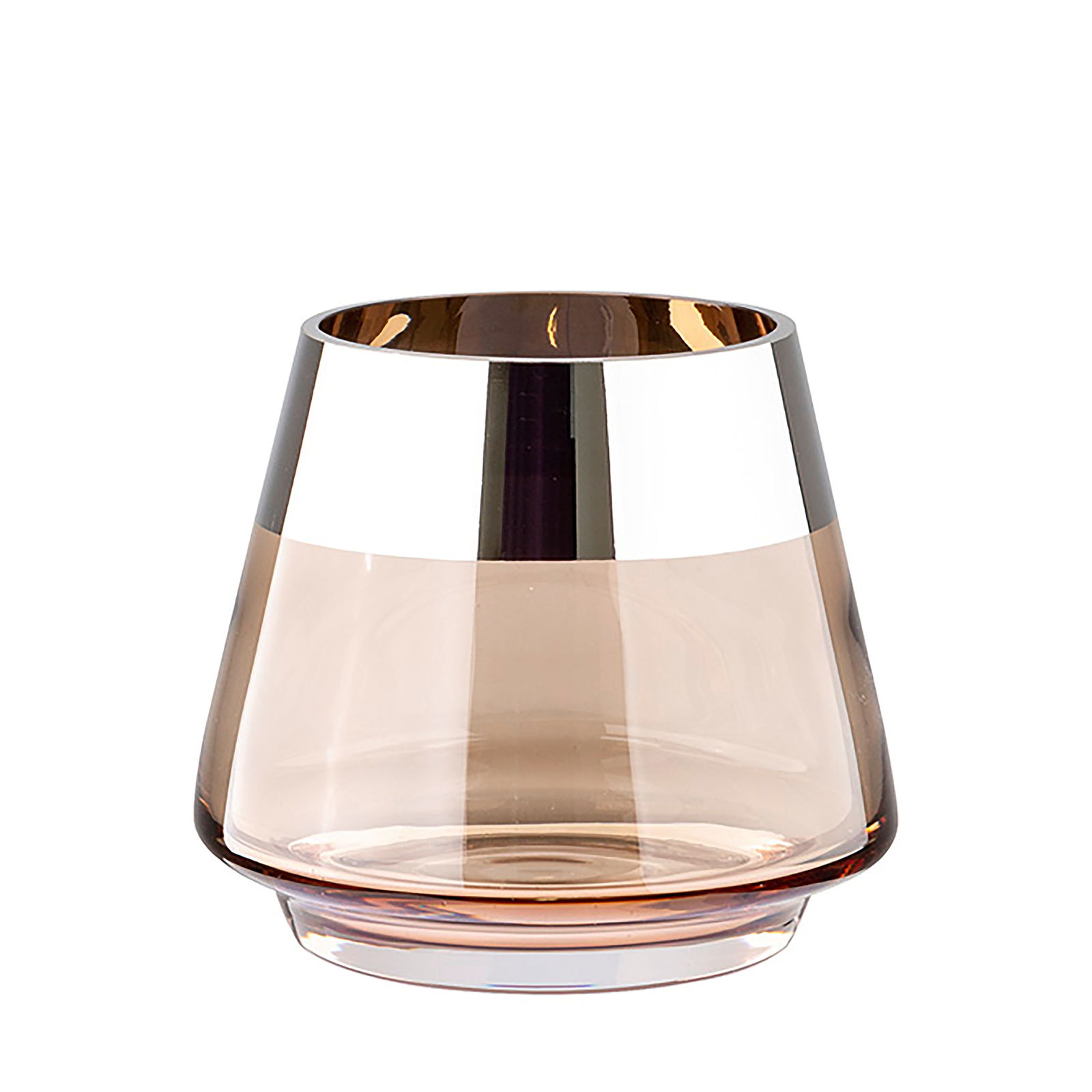 Teelichthalter aus Glas in sandfarbener Optik mit metallischem Rand, frontal fotografiert.