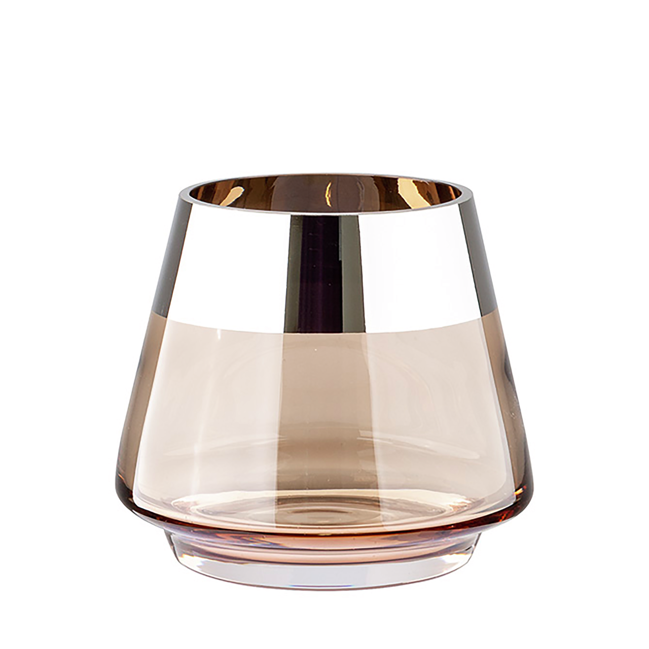 Teelichthalter aus Glas in sandfarbener Optik mit metallischem Rand, frontal fotografiert.