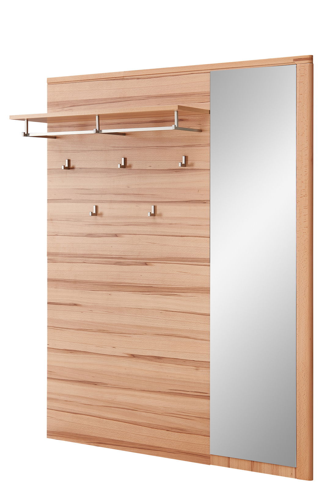 XL-Garderobenpaneel aus Holz mit mehreren Haken und einem Spiegel, seitliche Perspektive
