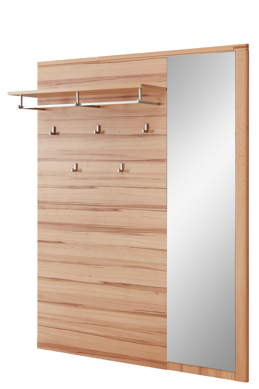 XL-Garderobenpaneel aus Holz mit mehreren Haken und einem Spiegel, seitliche Perspektive