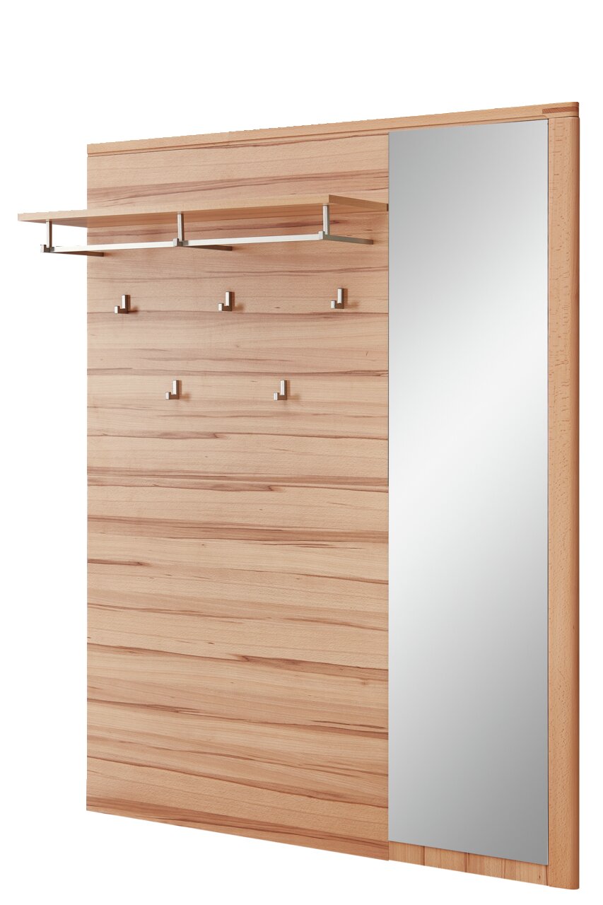 Linea Natura XL-Garderobenpaneel NATURE ONE XL-Garderobenpaneel aus Holz mit mehreren Haken und einem Spiegel, seitliche Perspektive