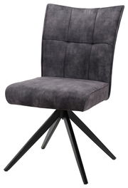 Moderner grauer Stuhl mit gepolsterter Rückenlehne und schwarzem Metallgestell, seitliche Perspektive