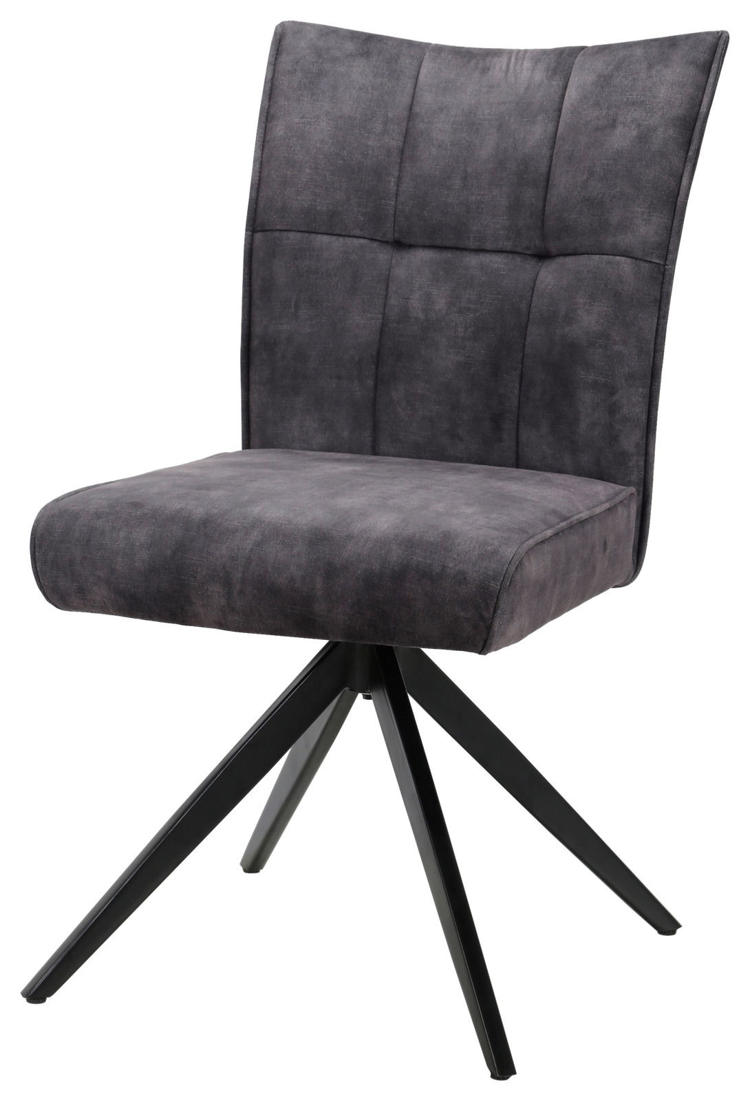 Moderner grauer Stuhl mit gepolsterter Rückenlehne und schwarzem Metallgestell, seitliche Perspektive