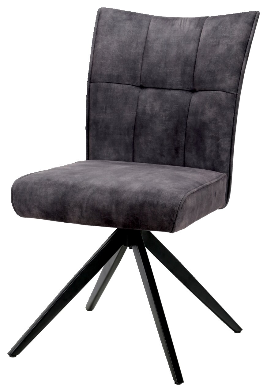 Moderner grauer Stuhl mit gepolsterter Rückenlehne und schwarzem Metallgestell, seitliche Perspektive