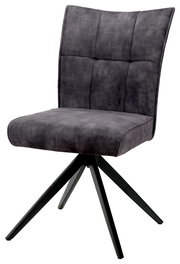 Moderner grauer Stuhl mit gepolsterter Rückenlehne und schwarzem Metallgestell, seitliche Perspektive