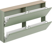 Moderner Hängeschuhschrank in Grün mit drei aufklappbaren Fächern, seitliche Perspektive
