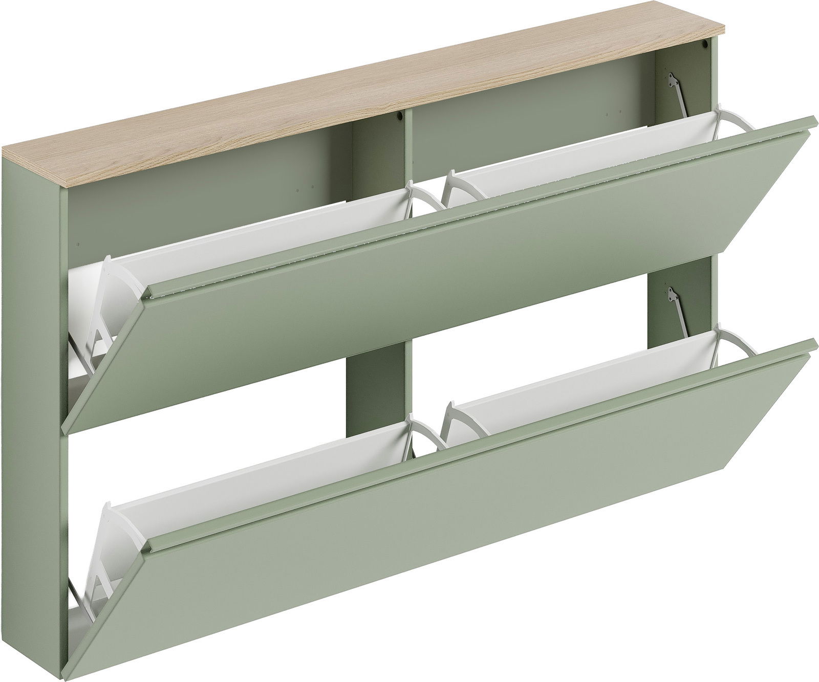 Moderner Hängeschuhschrank in Grün mit drei aufklappbaren Fächern, seitliche Perspektive