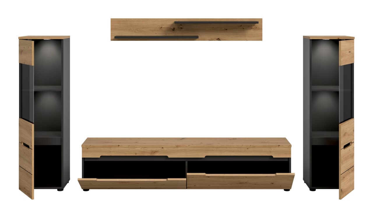 Wohnwand/TV-Möbel-Set in Holzoptik und Anthrazit mit zwei hohen Vitrinenschränken, Lowboard mit Schubladen und Wandboard, freigestellt auf weißem Hintergrund, Frontansicht.