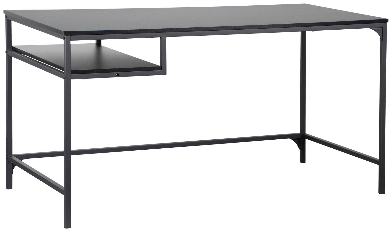 Moderner Schreibtisch mit schwarzem Metallgestell und rechteckiger Tischplatte, seitliche Perspektive