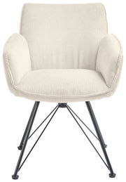 Frontansicht eines cremefarbenen Armlehnstuhls mit geripptem Stoffbezug und schwarzen Metallbeinen.