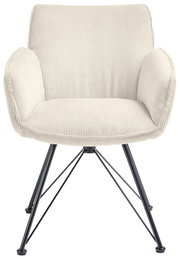 Frontansicht eines cremefarbenen Armlehnstuhls mit geripptem Stoffbezug und schwarzen Metallbeinen.