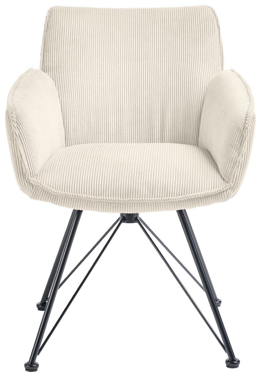 Vooraanzicht van een crèmekleurige fauteuil met geribbelde stoffen bekleding en zwarte metalen poten.