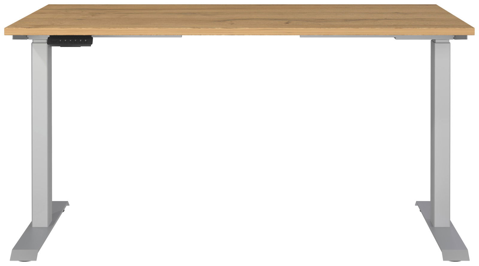 Elektrisch höhenverstellbarer Schreibtisch mit Holzplatte und grauem Gestell, Frontalansicht