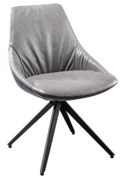 Moderner grauer Stuhl mit gepolsterter Sitzfläche und schwarzem Metallgestell, seitliche Perspektive